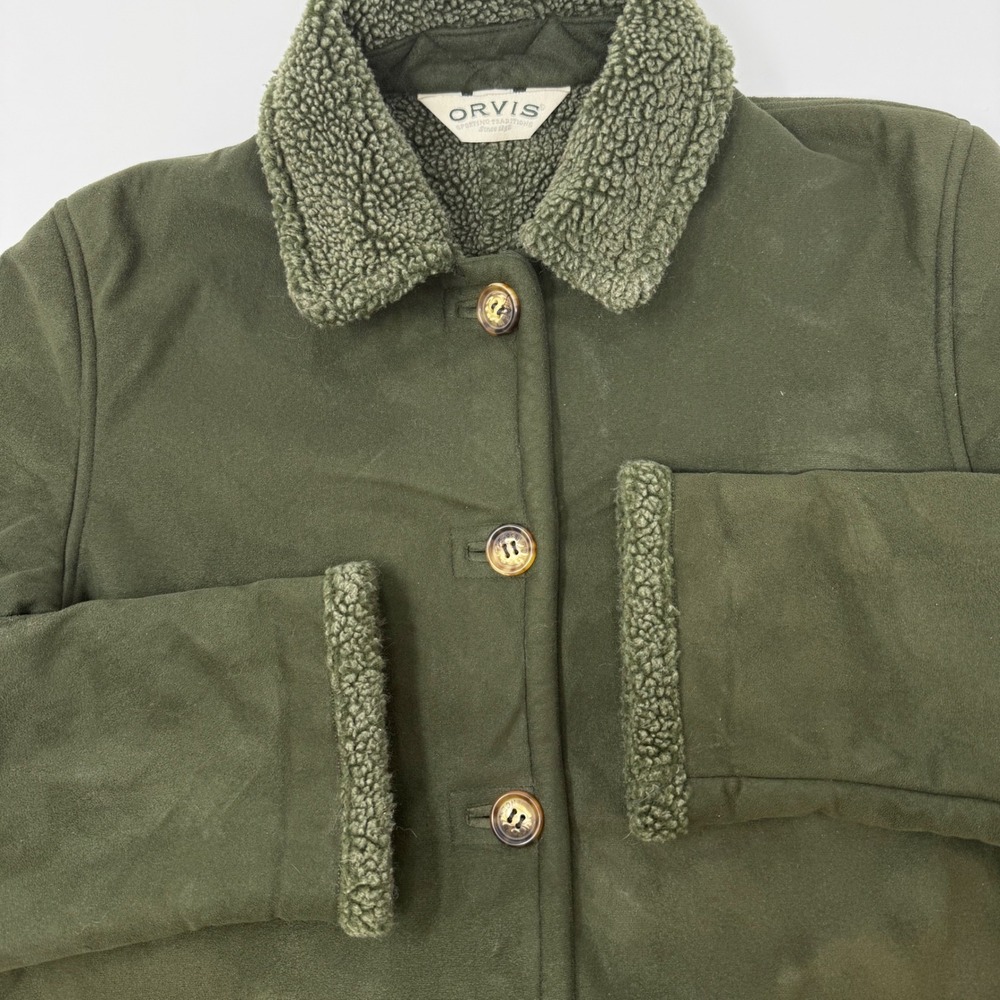 Orvis Womens Olive Green Faux‎ Suede Sherpa Trim Button Front Jacket Small FLAW